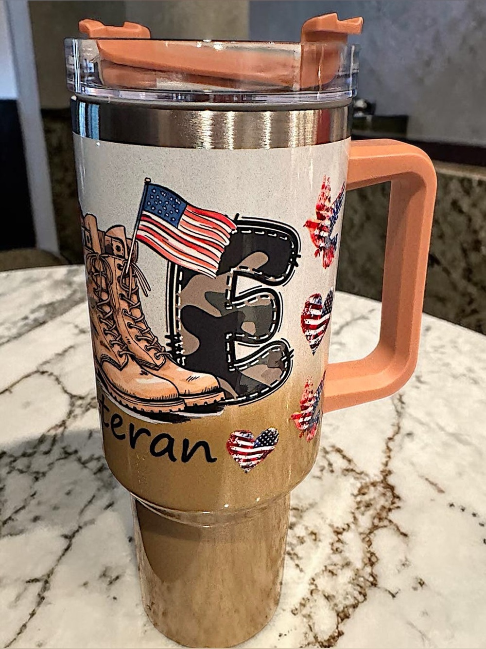 Hand Crafted Tan & Peach Veteran Boot Travel Mug NEW IN BOX WITH STRAW
